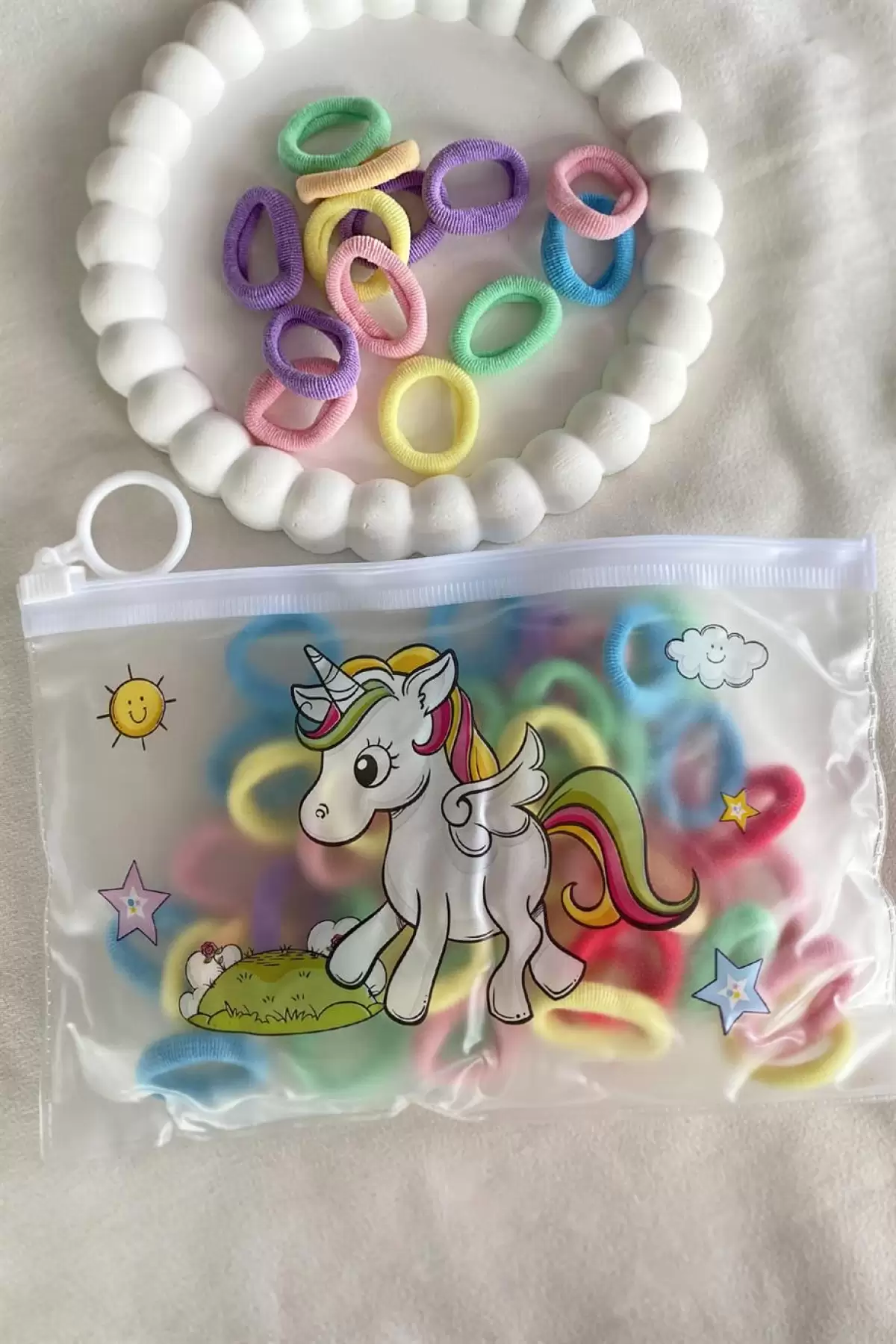 Karışık Renk Unicorn Figürlü Havlu Lastik Toka Set (Minik)