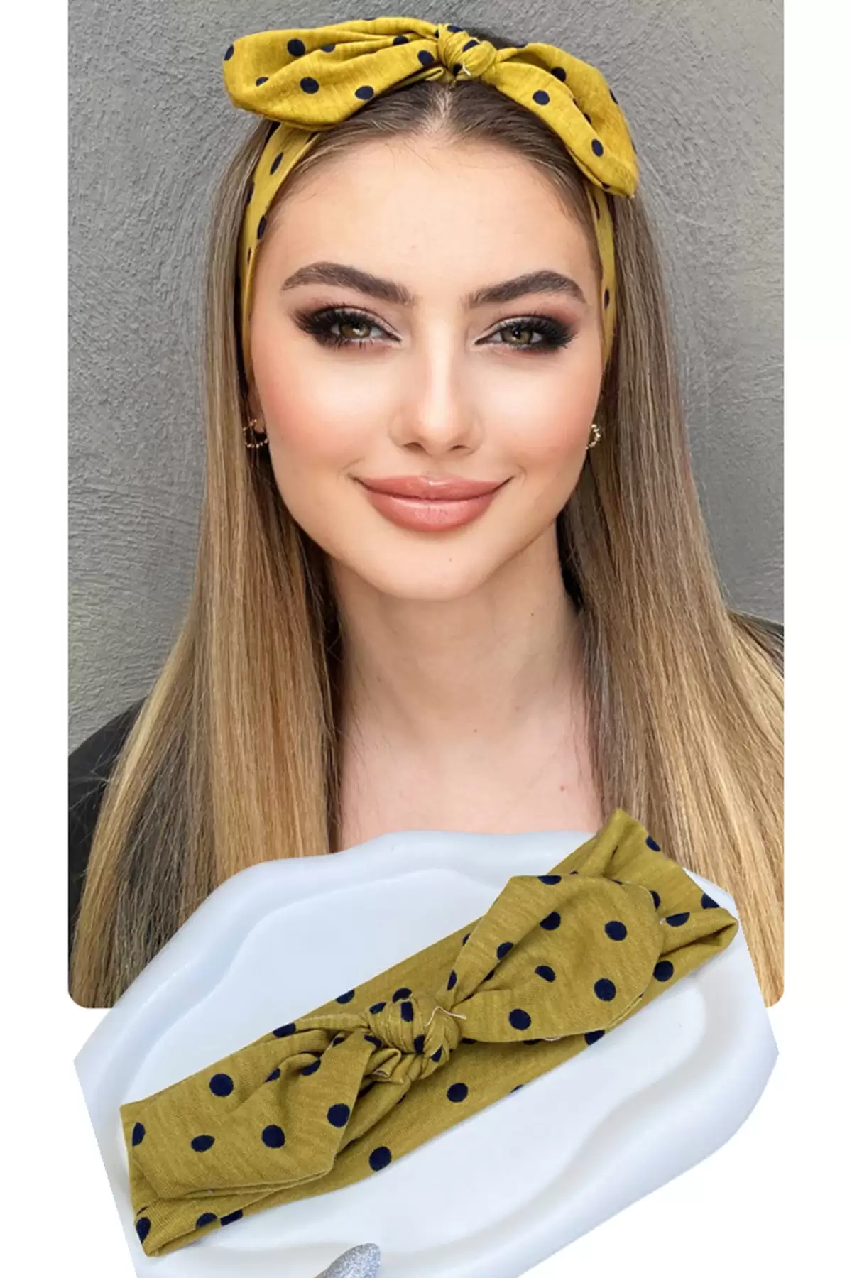 Koyu Sarı Renk Puantiye Detaylı Kurdele Figürlü Saç Bandı