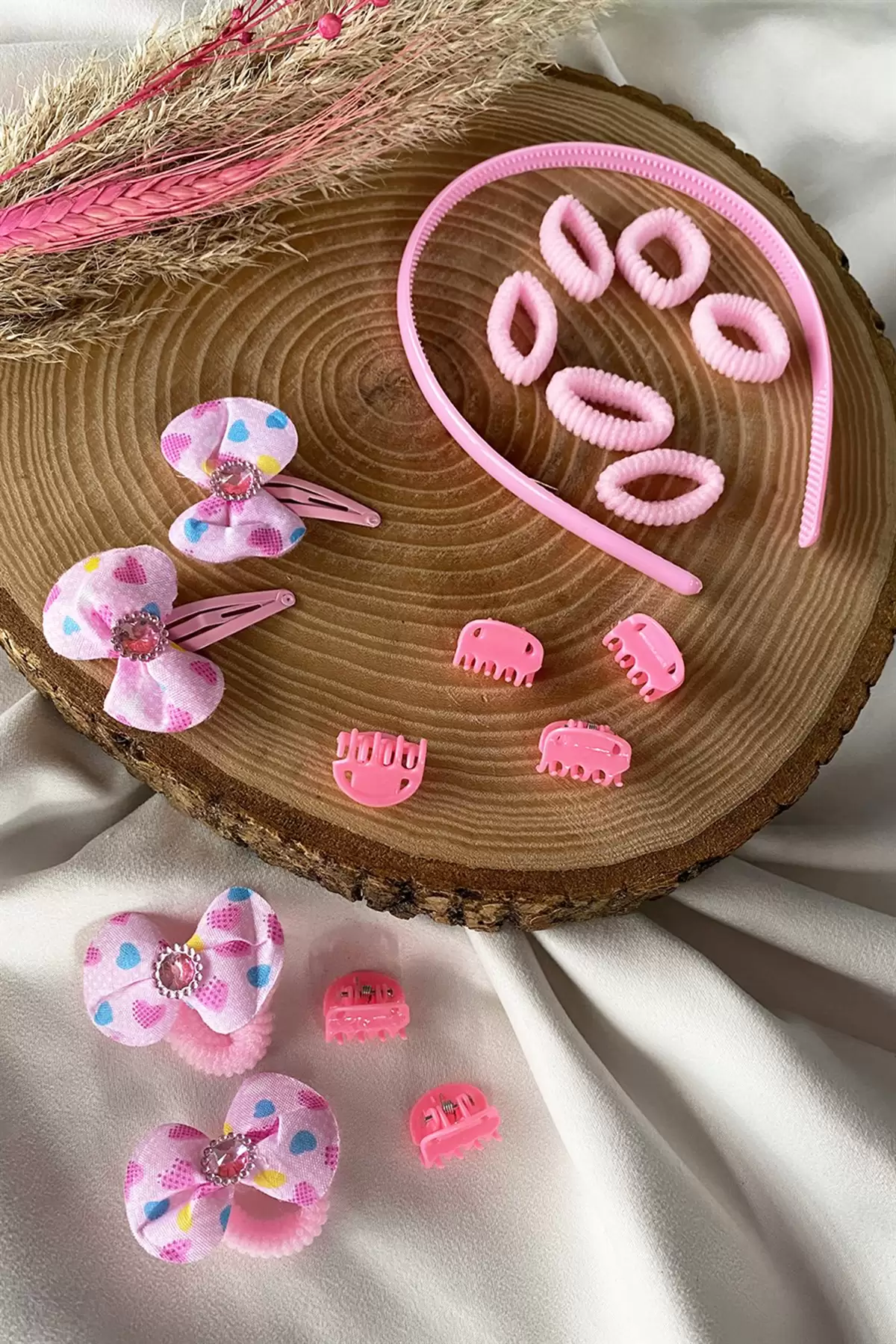 Pembe Renk Kurdele Figürlü Çocuk Toka Set