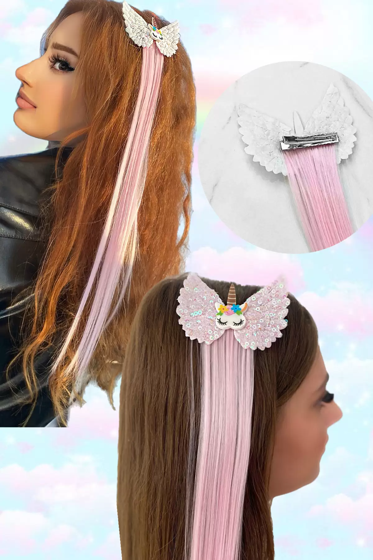 Toz Pembe Renk Pullu Unicorn Figürlü Saçlı Yan Toka