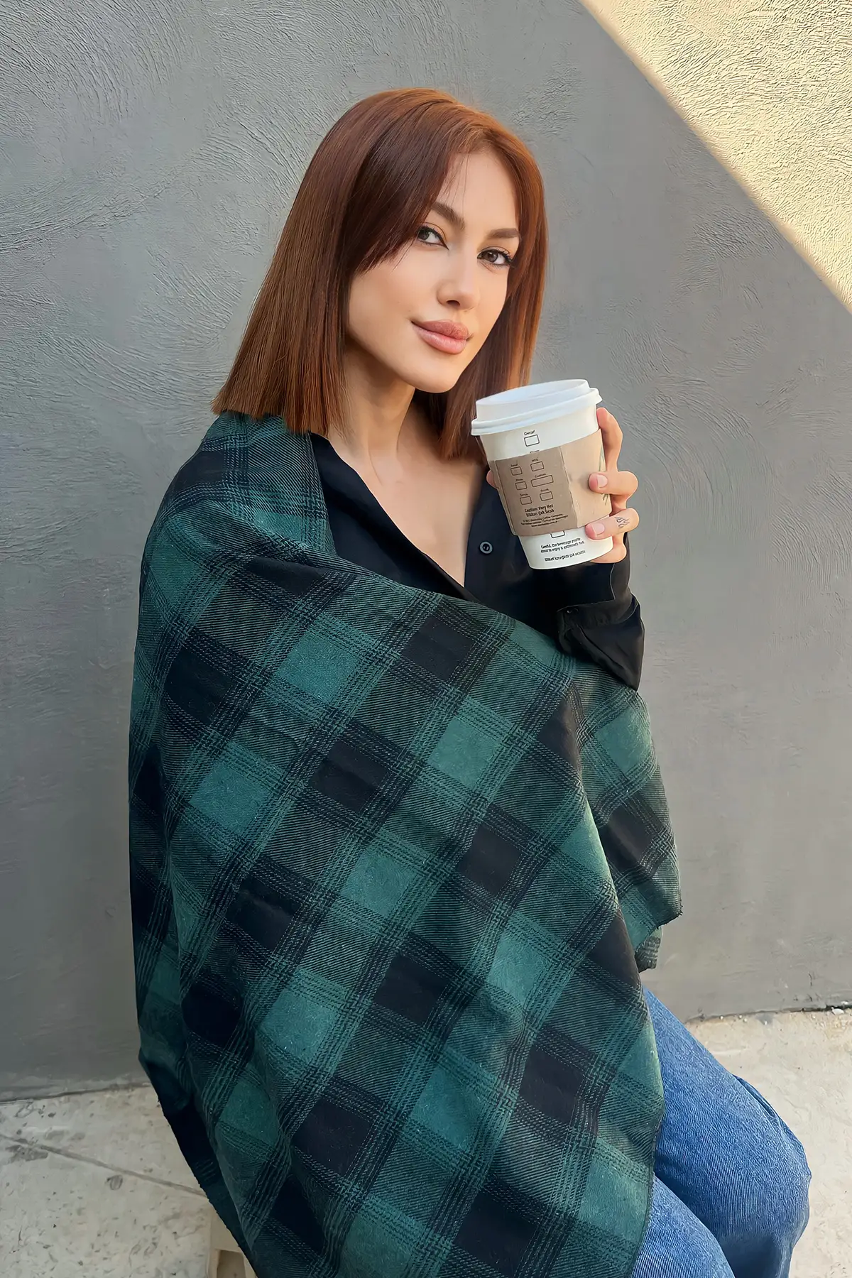 Yeşil Renk Ekose Desenli Unisex Şal