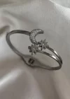 Gümüş Renk Ay Ve Yıldız Detaylı Çelik Kelepçe Bileklik