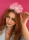 Pembe Renk Kalp Detaylı Tüllü Çocuk Saç Bandı