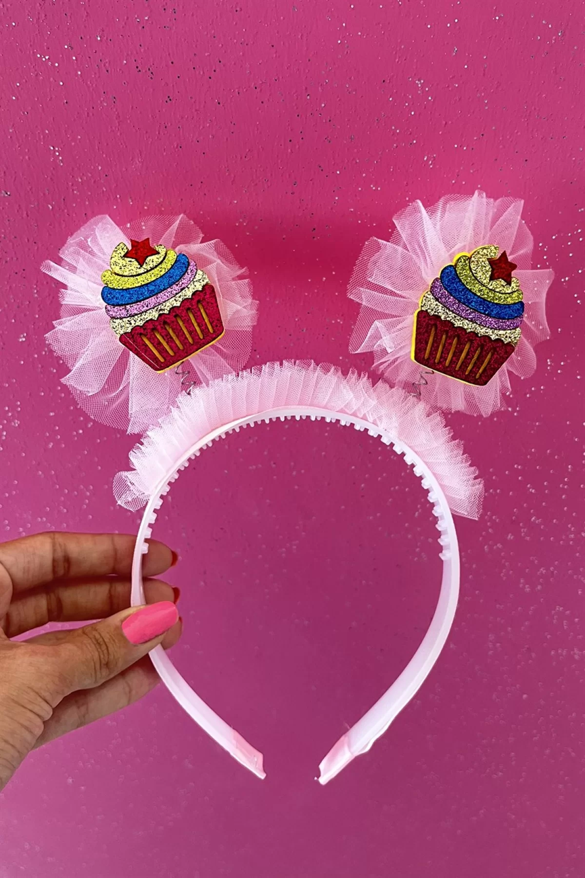 Açık Pembe Renk Cupcake Figürlü Tüllü Taç