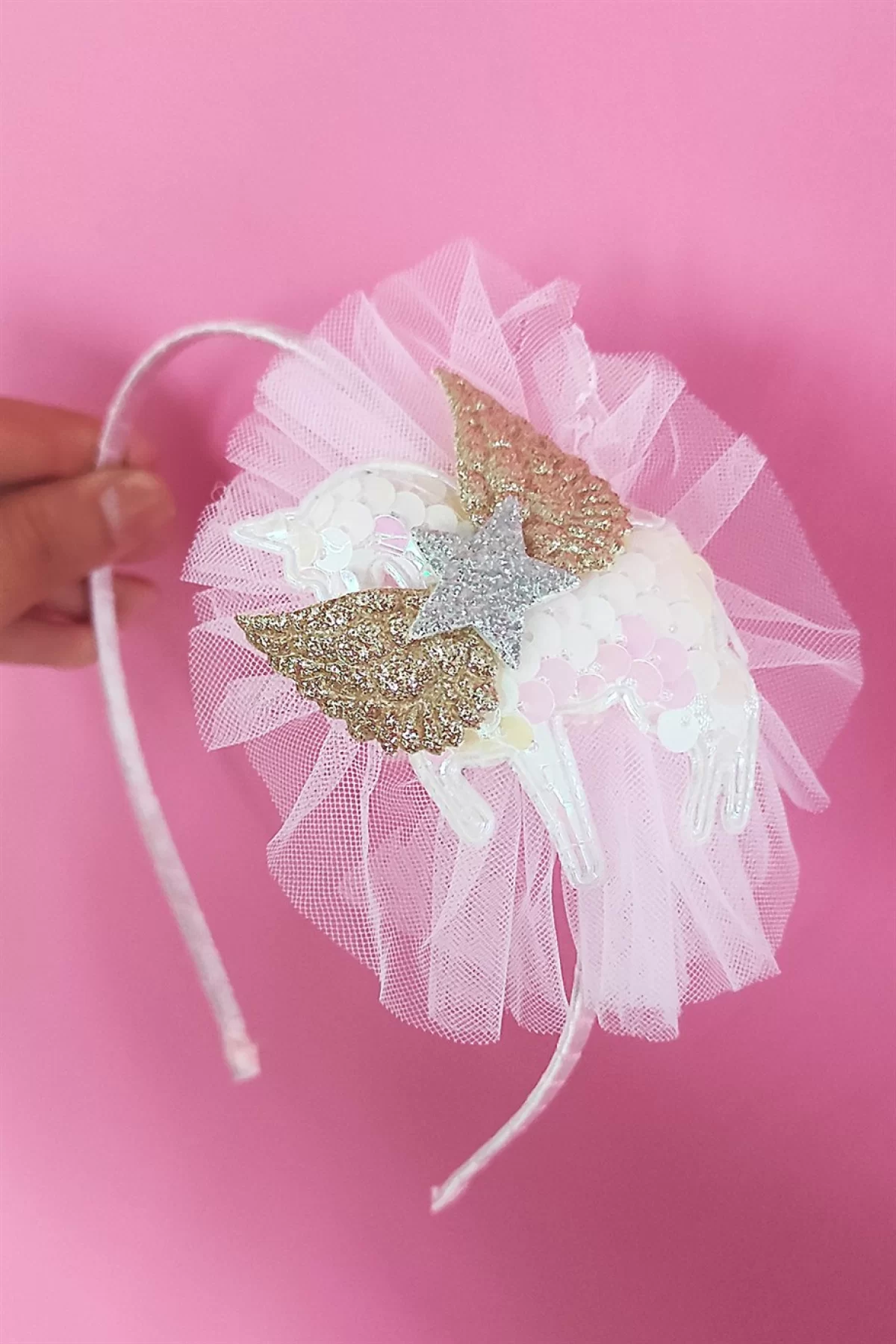 Açık Pembe Renk Unicorn Figürlü Tül Çocuk Taç