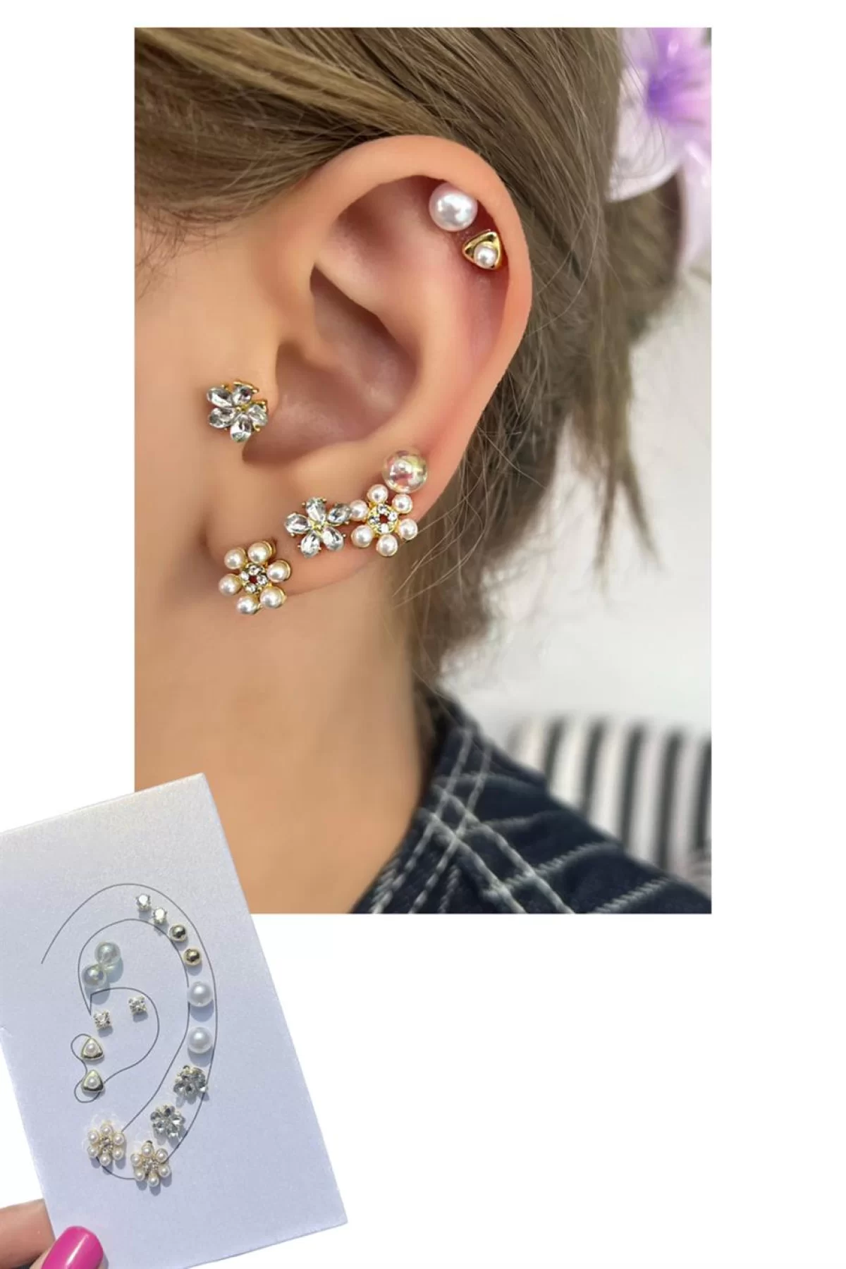 Altın Renk 16lı Çiçek Detaylı Küpe Set