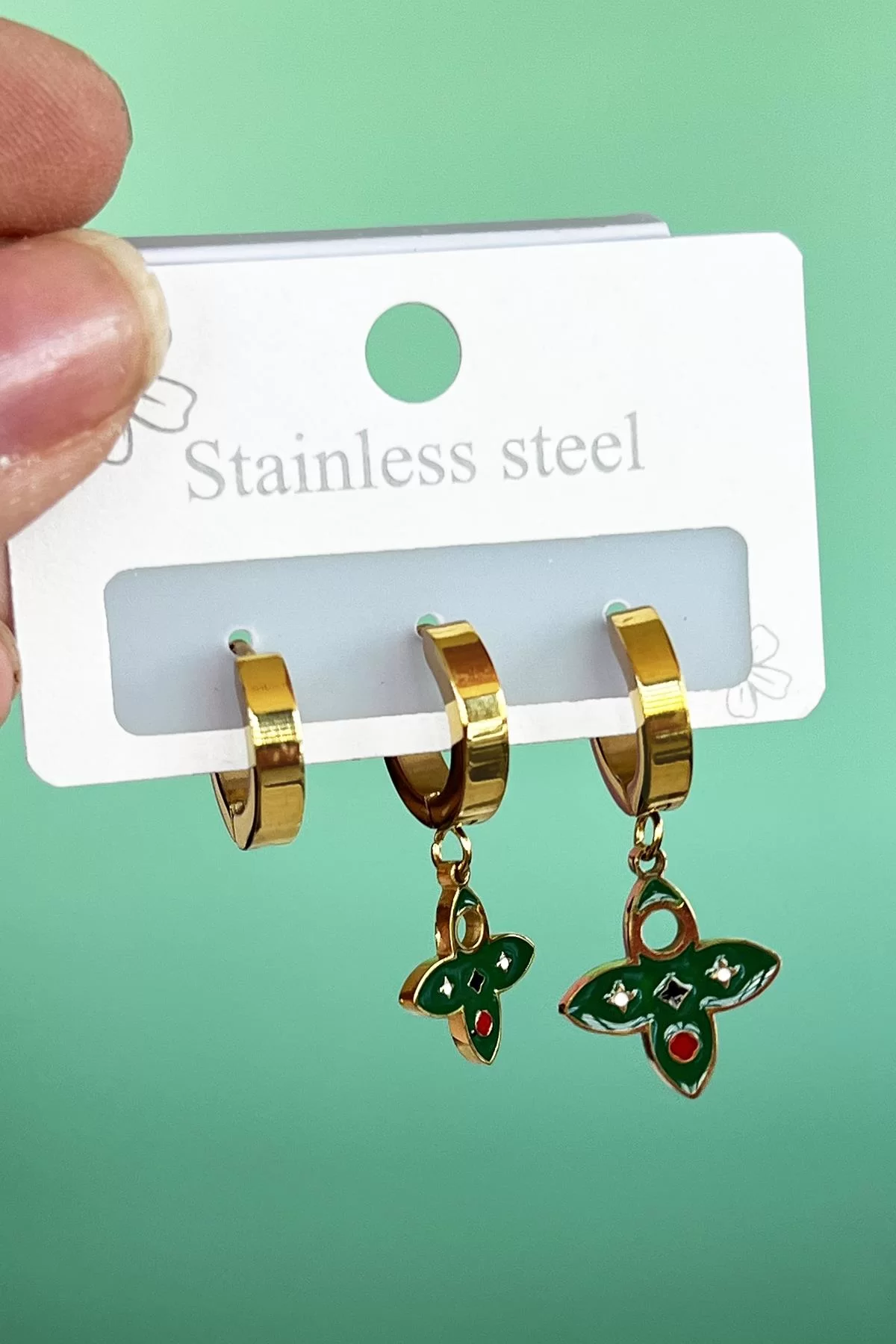 Altın Renk Yeşil Van Cleef Çelik Küpe Set