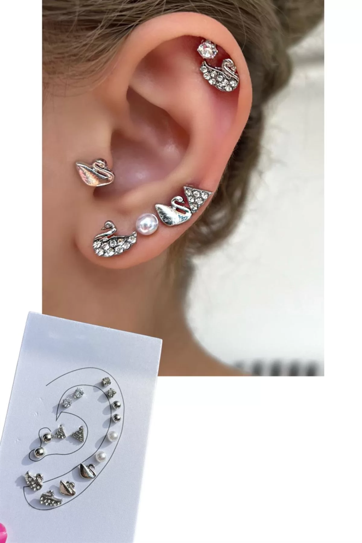 Gümüş Renk 16lı Kuğu Detaylı Küpe Set