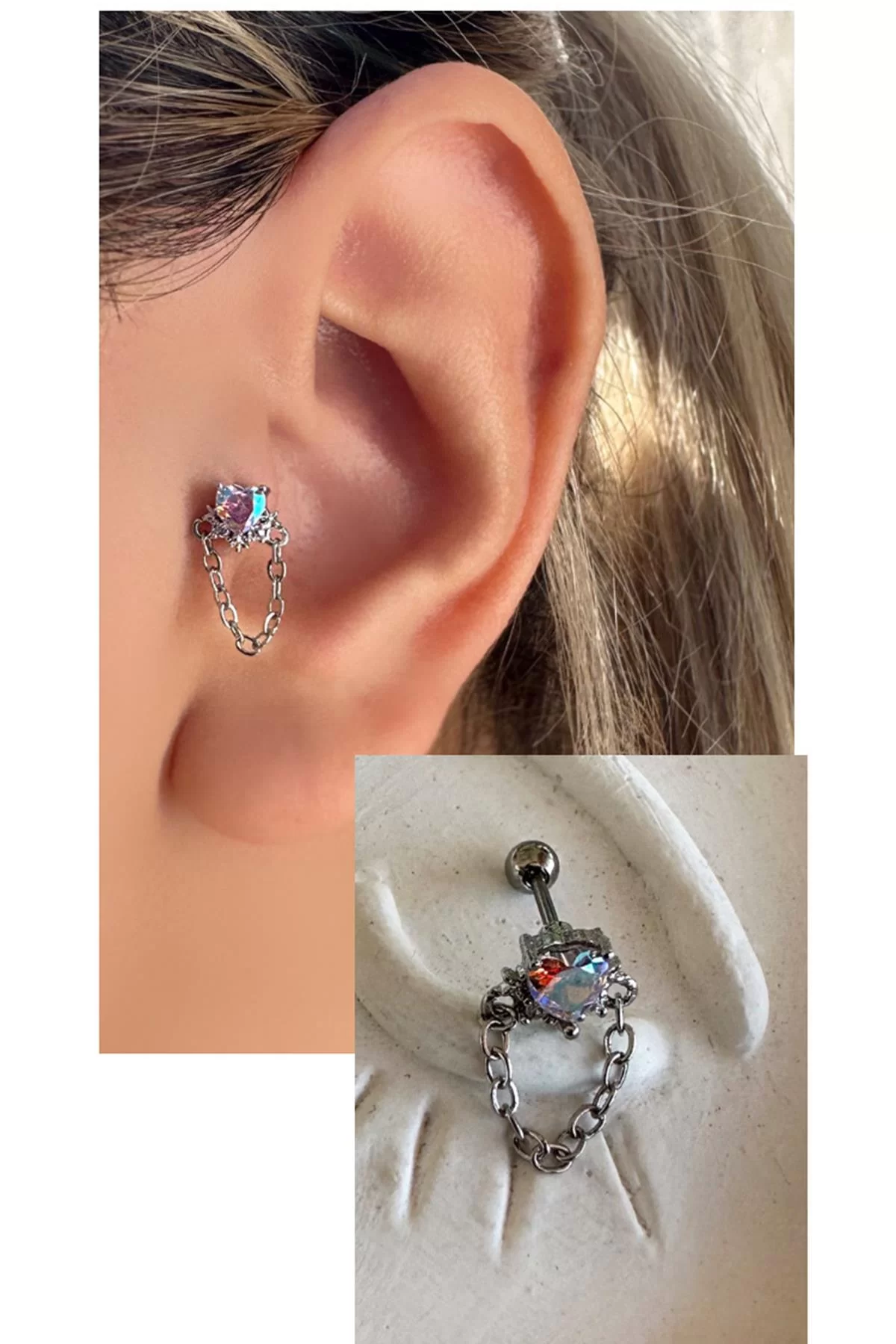 Gümüş Renk Cerrahi Çelik Kalp Figürlü Tragus/Kıkırdak Küpe/Piercing (Tek)