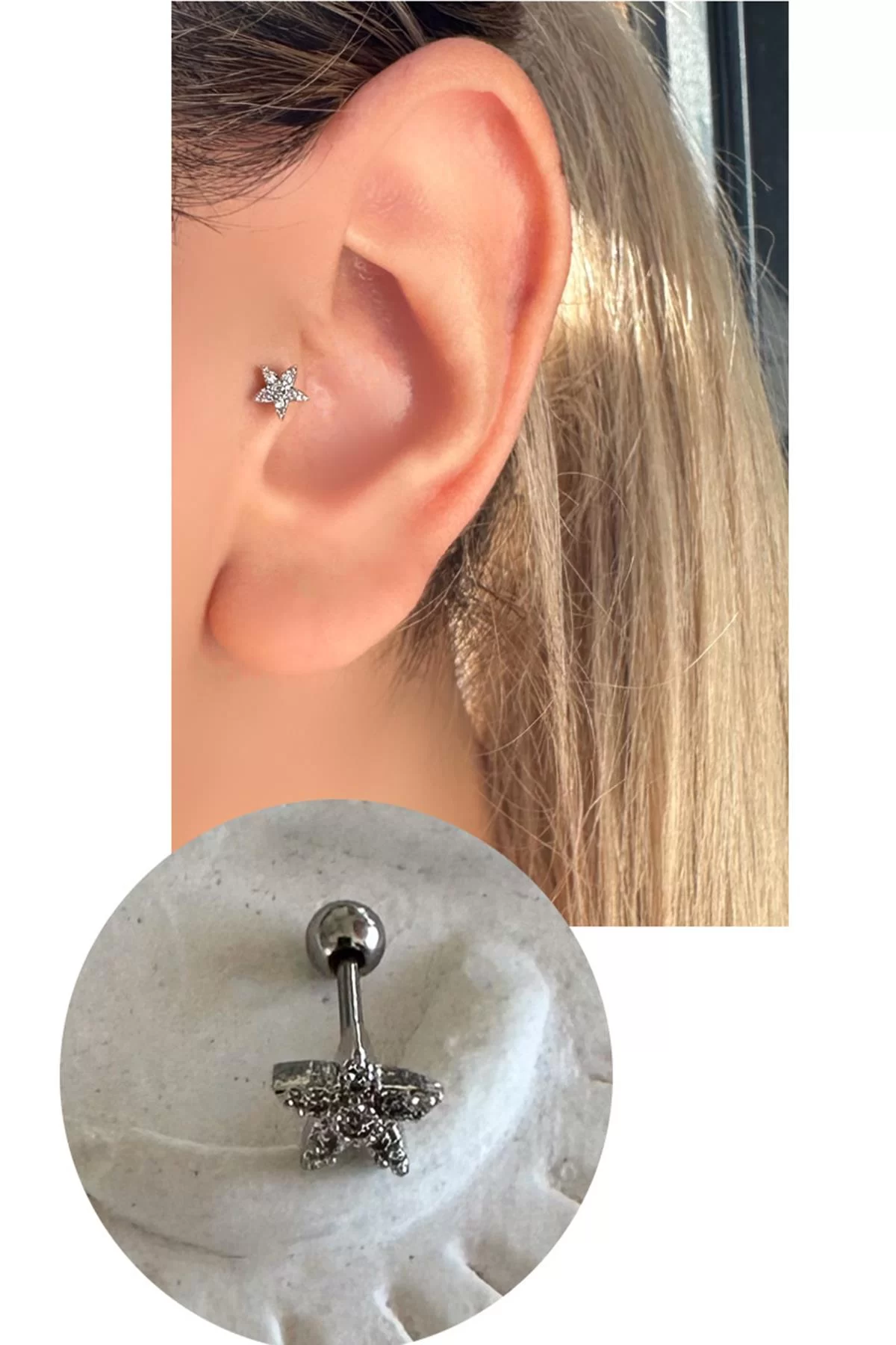 Gümüş Renk Cerrahi Çelik Yıldız Figürlü Tragus/Kıkırdak Küpe/Piercing (Tek)