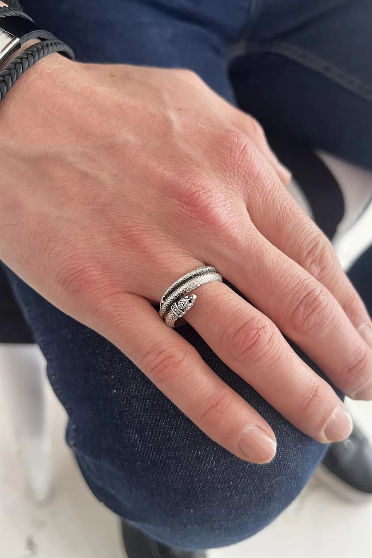 Gümüş Renk Yılan Figürlü Ayarlanabilir Unisex Yüzük