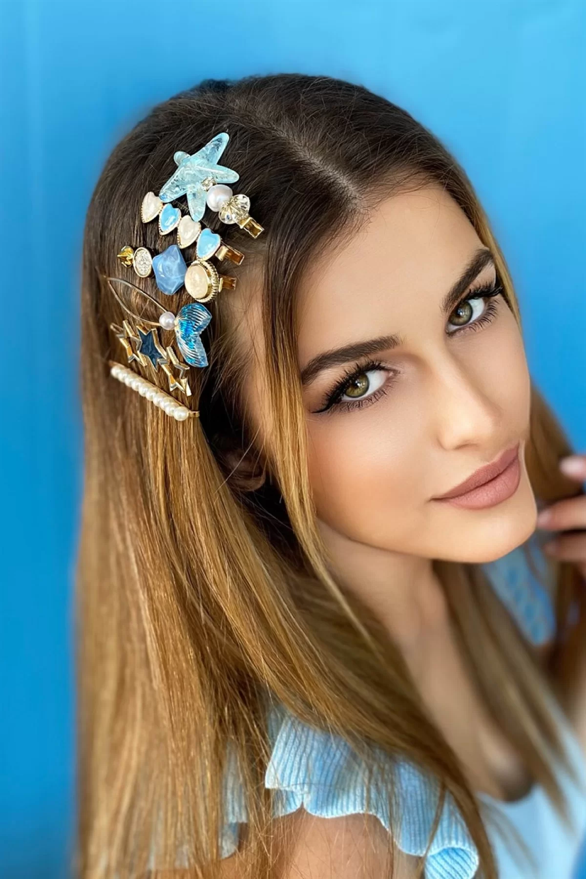 Mavi Renk Deniz Yıldızı Figürlü Yan Toka Set