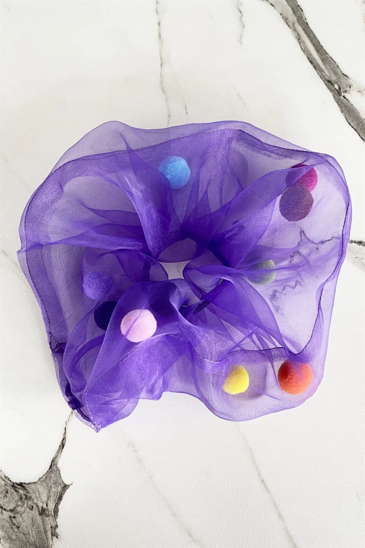 Mor Renk Ponponlu Büyük Boy Scrunchies Lastik Toka