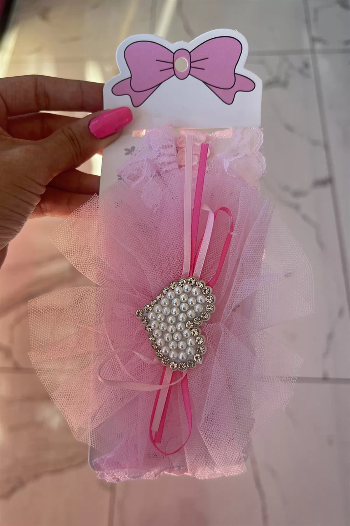 Pembe Renk Kalp Detaylı Tüllü Çocuk Saç Bandı