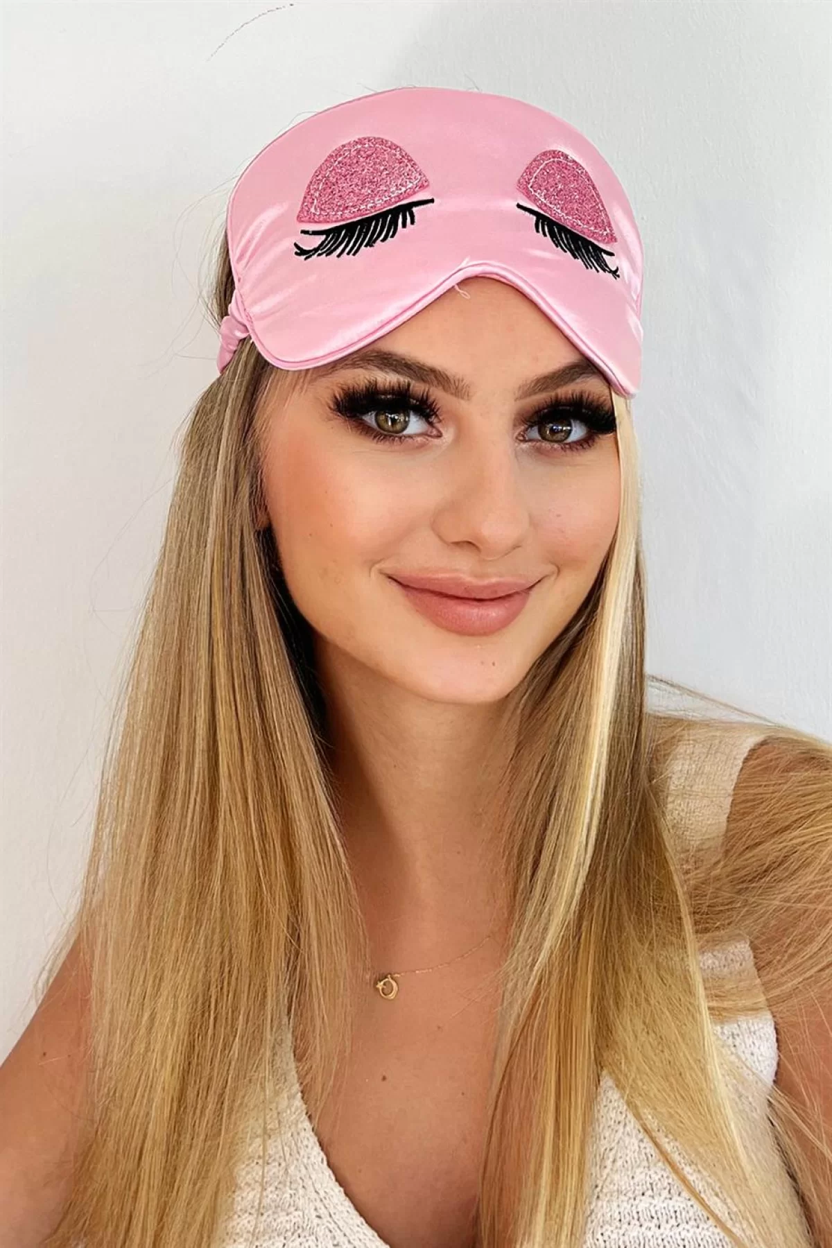 Pembe Renk Simli Kapalı Göz Figürlü Uyku Bandı