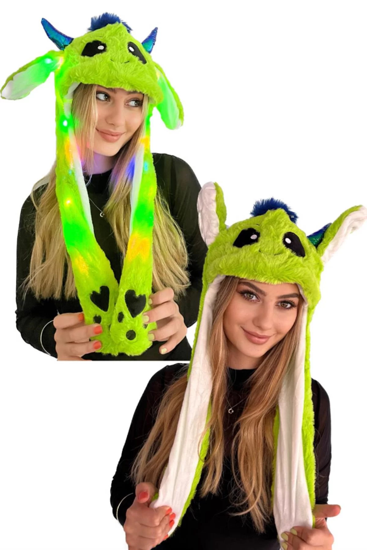 Yeşil Renk Işıklı Kulakları Oynayan Şapka