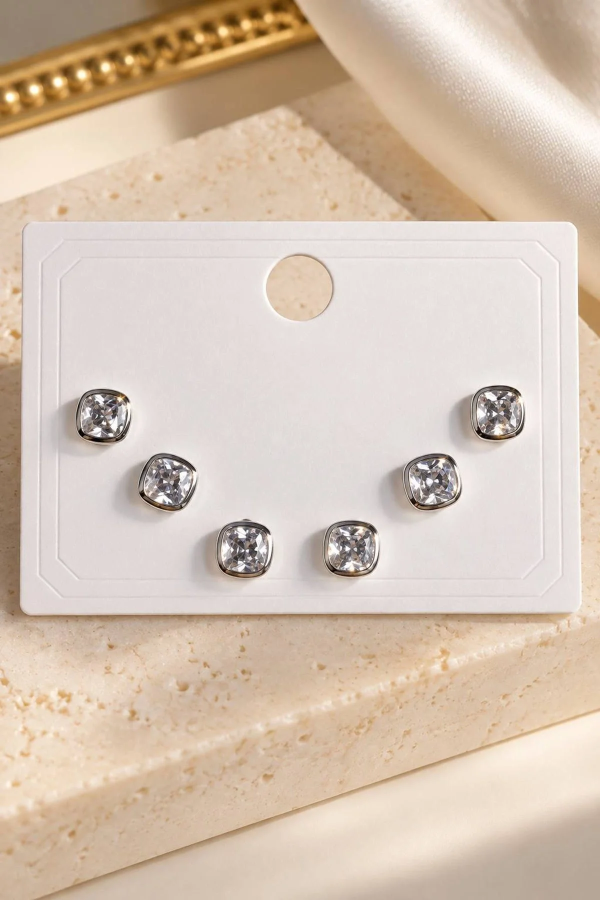 Gümüş Renk 6lı Taşlı Küpe Set