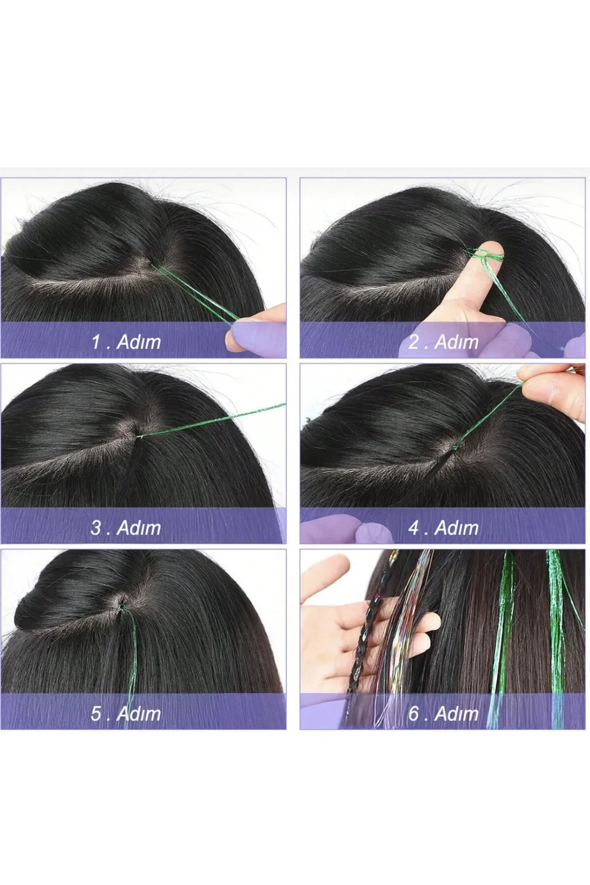 Mor Renk Simli Yan Postiş Hair Tinsel Shiny Hair (50 Cm)