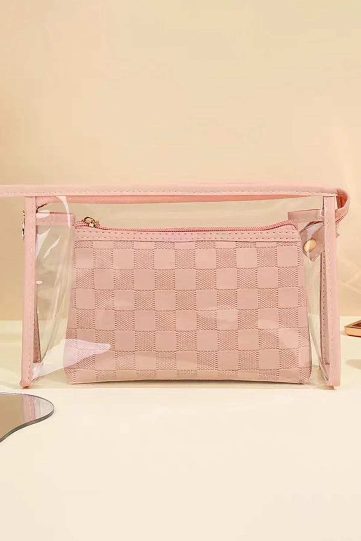 Pembe Renk 2li Şeffaf Makyaj Çantası