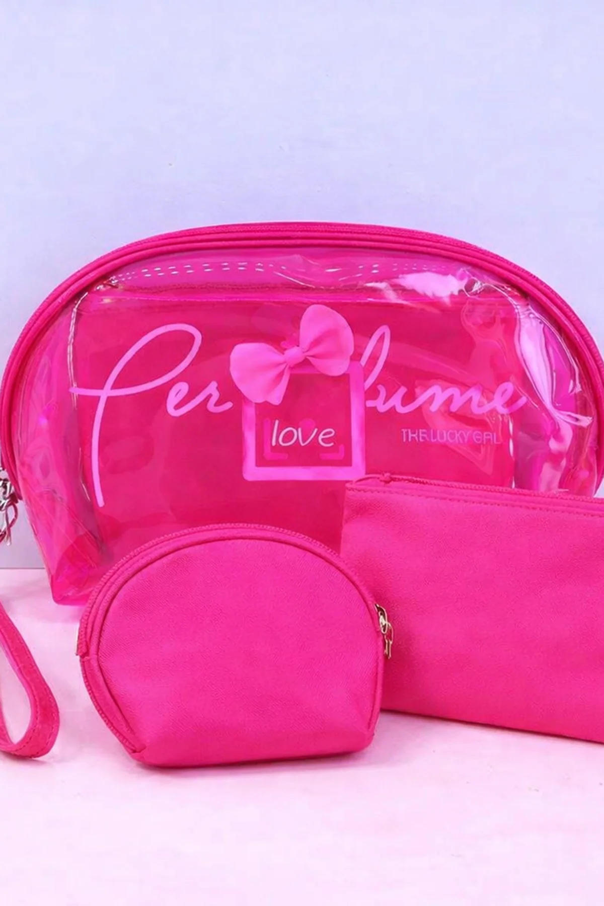 Pembe Renk 3lü Şeffaf Makyaj Çantası