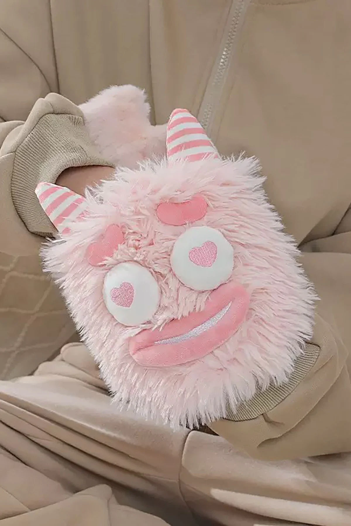 Pembe Renk Canavar Figürlü Peluş Sıcak Su Torbası