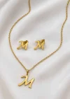 Altın Renk M Harfli Çelik Kolye/Küpe Set