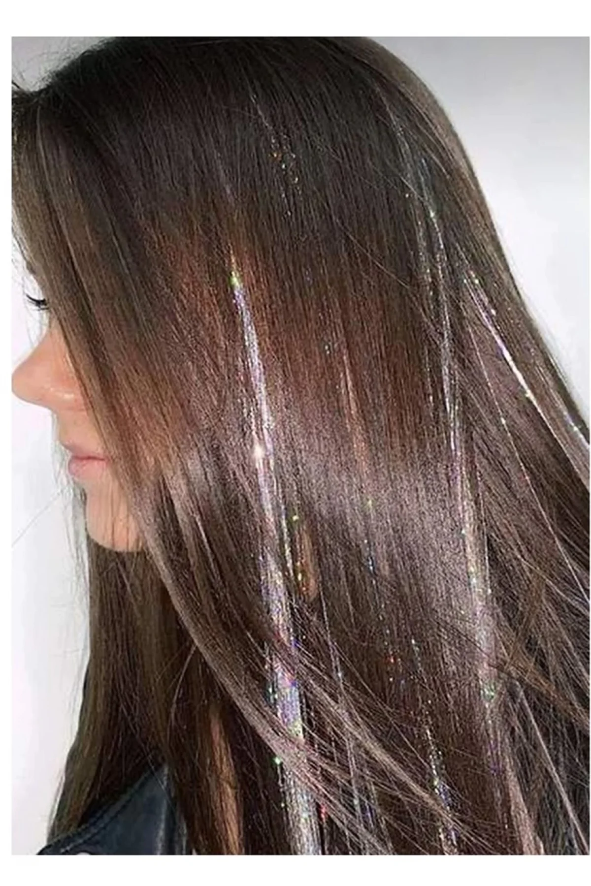 Gri Renk Simli Yan Postiş Hair Tinsel Shiny Hair (50 Cm)