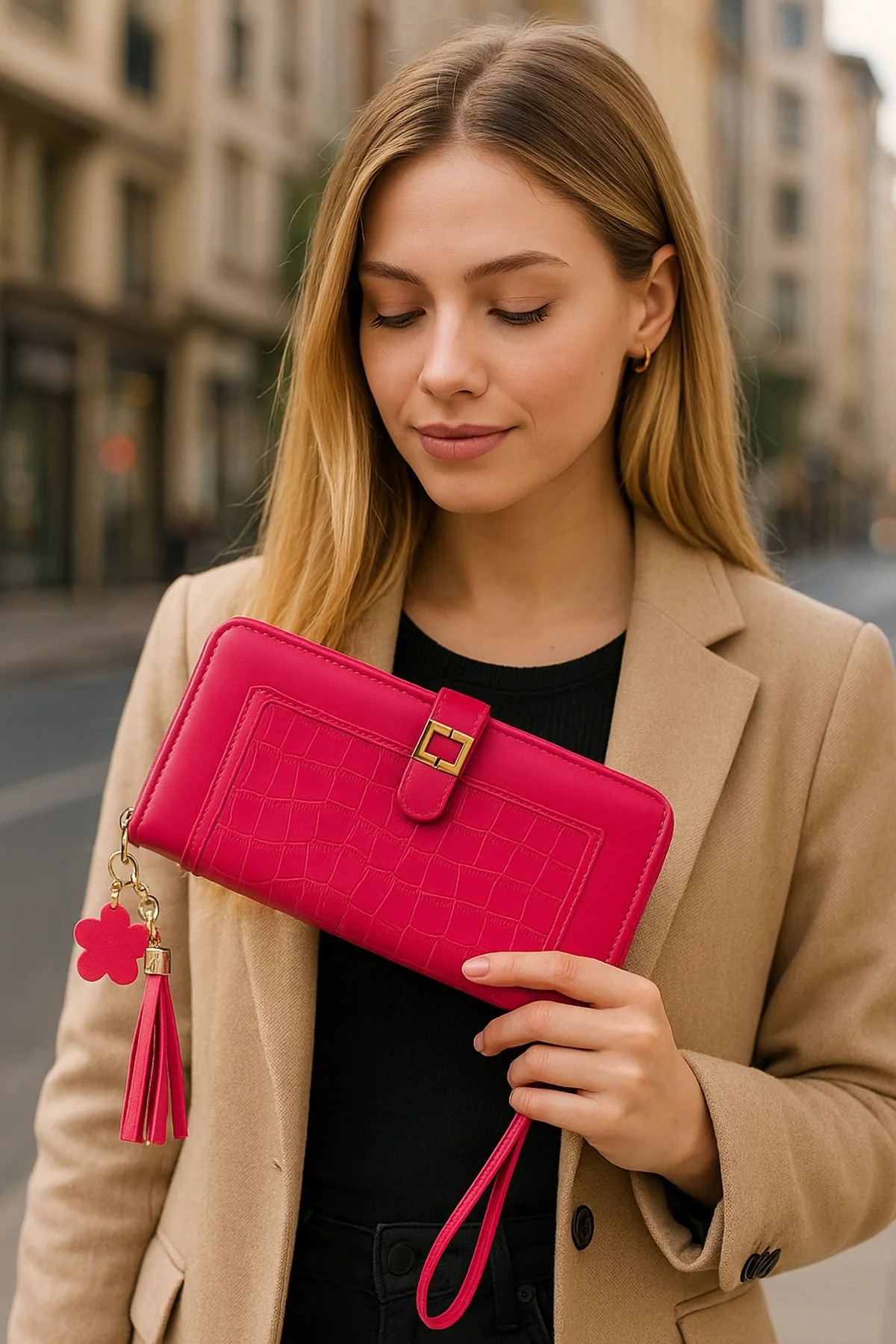 Koyu Pembe Renk Deri Kadın Cüzdan