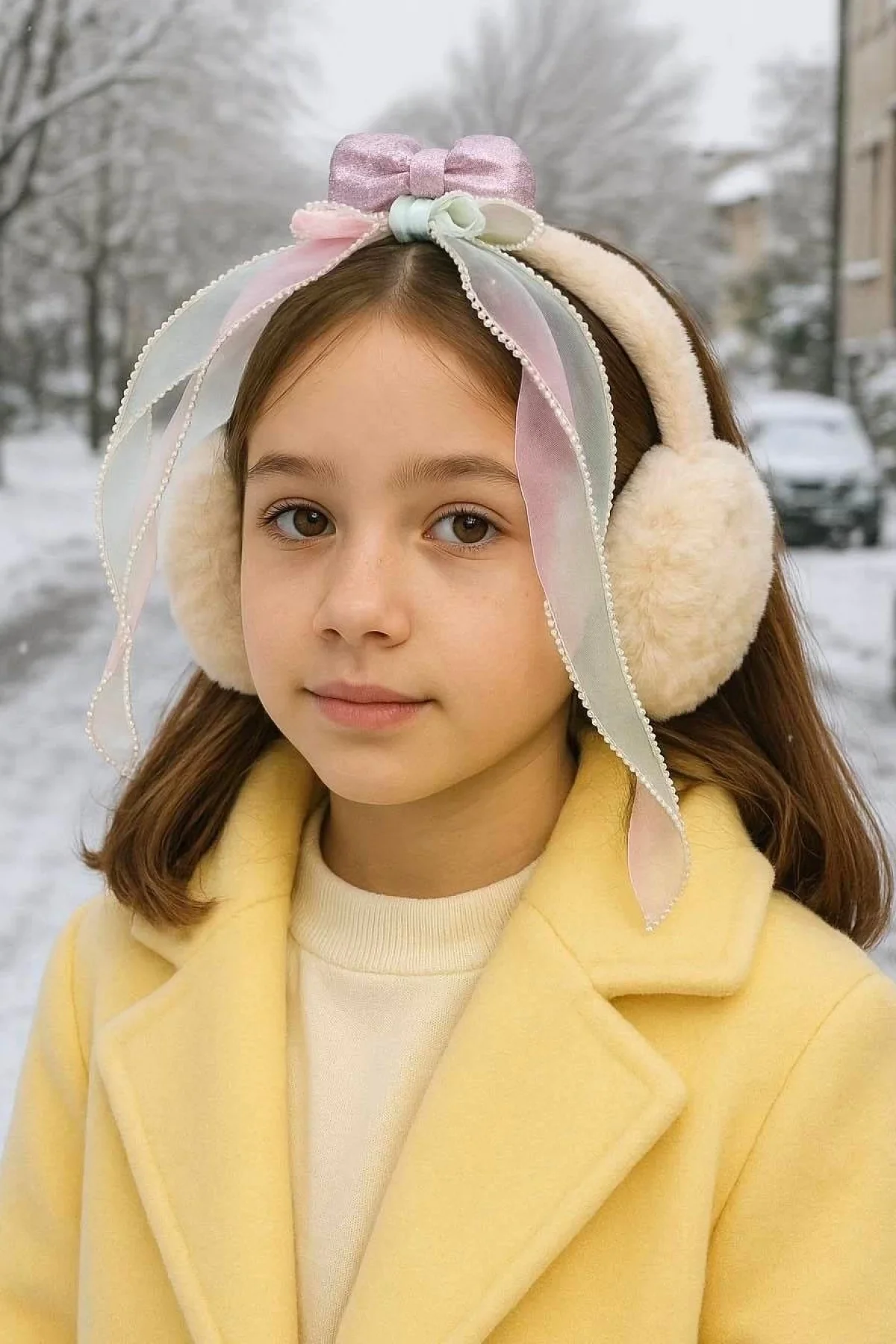 Krem Renk Kurdele Figürlü Peluş Kulaklık
