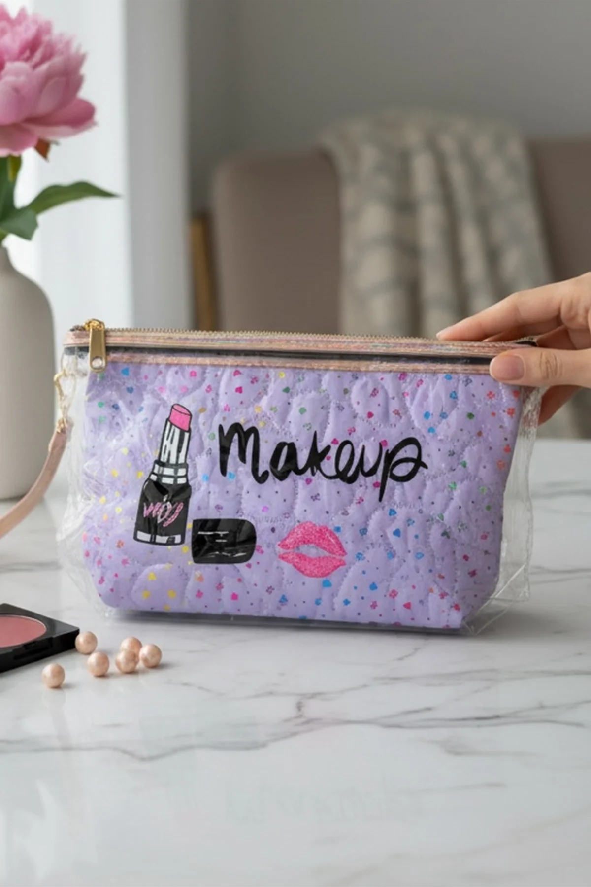 Mor Renk Makeup Yazılı Makyaj Çantası