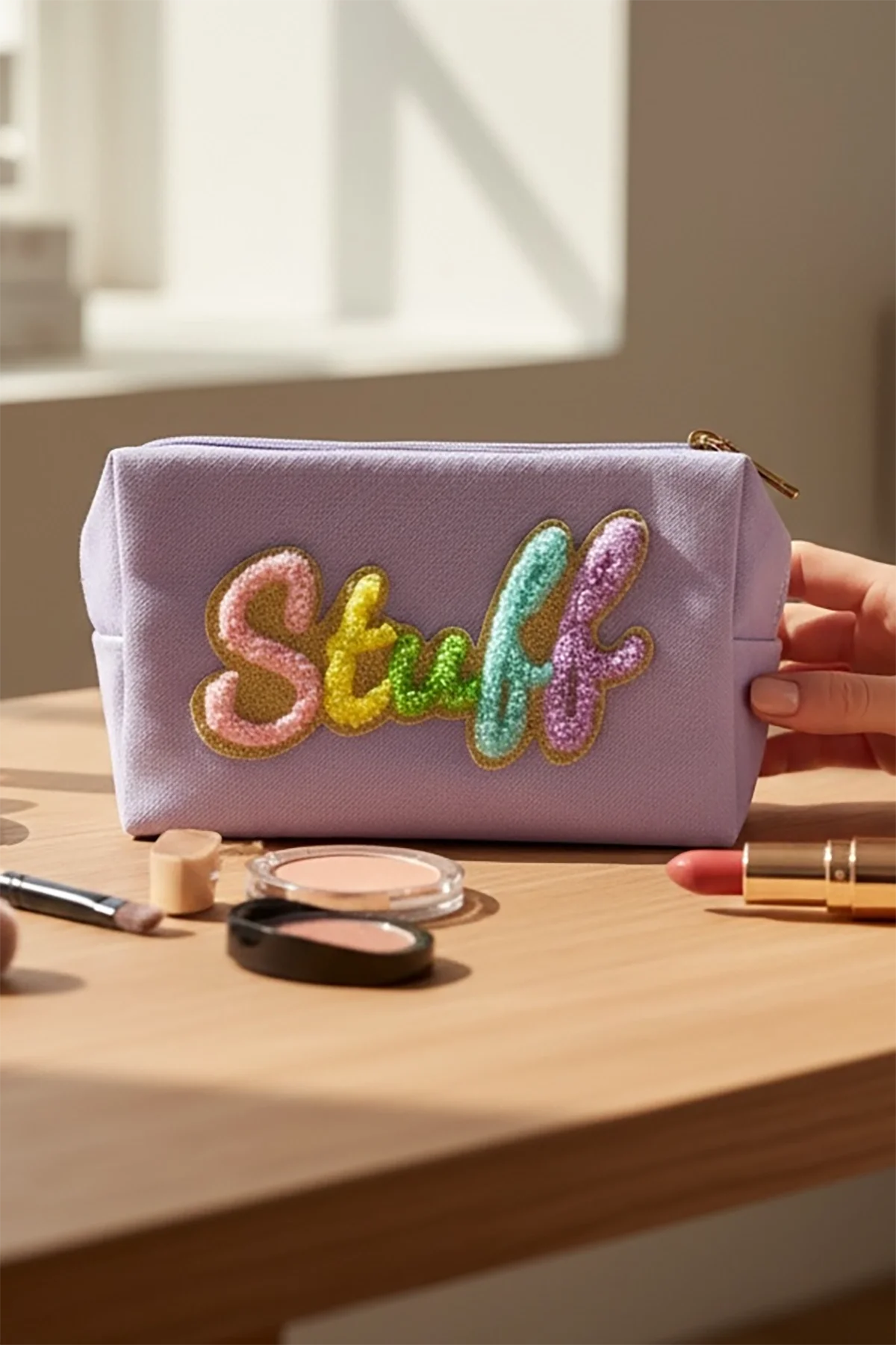 Mor Renk Stuff Yazılı Makyaj Çantası