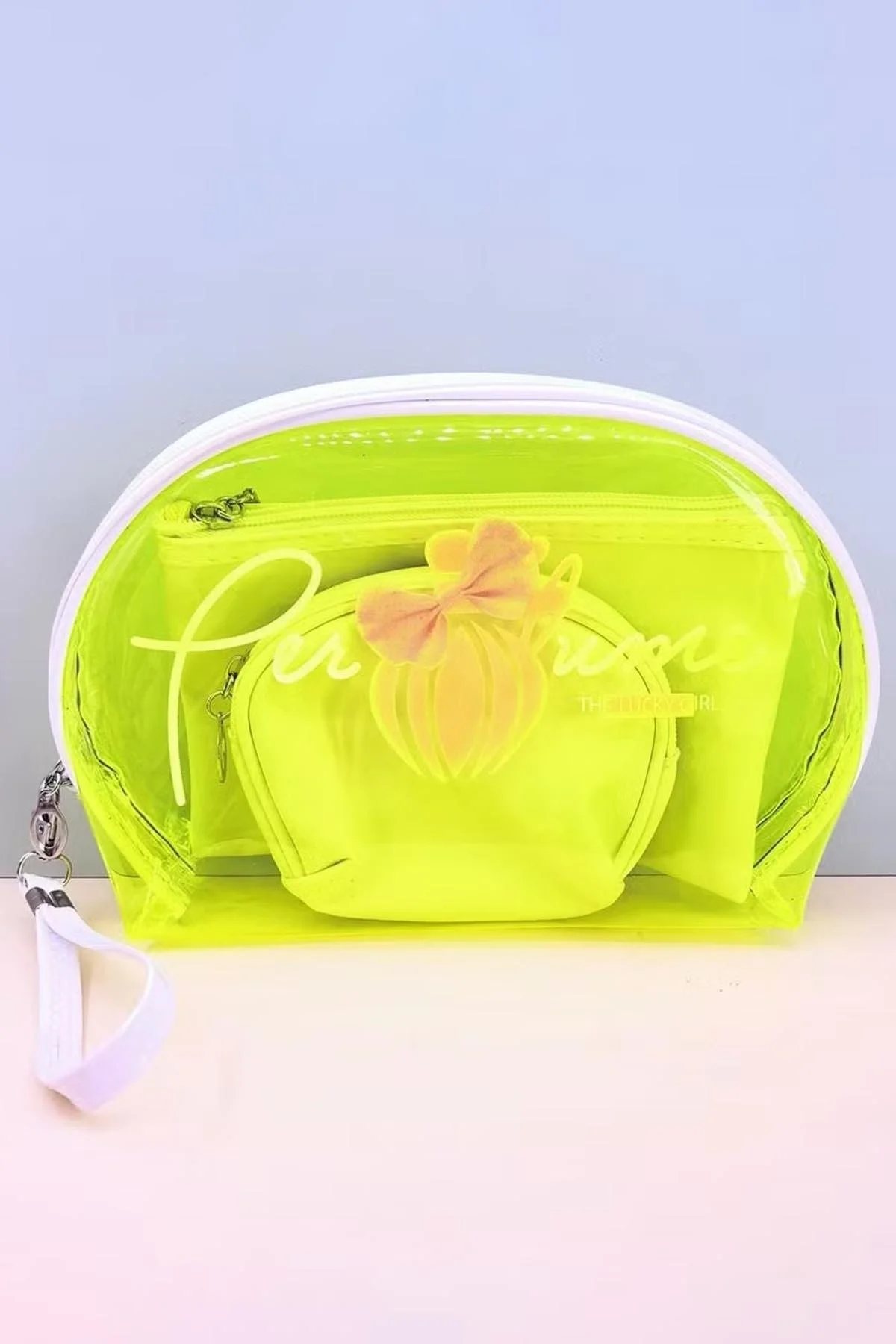 Neon Yeşil Şeffaf 3lü Makyaj Çantası