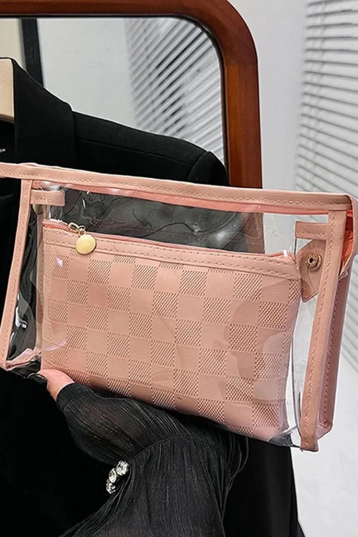 Pembe Renk 2li Şeffaf Makyaj Çantası
