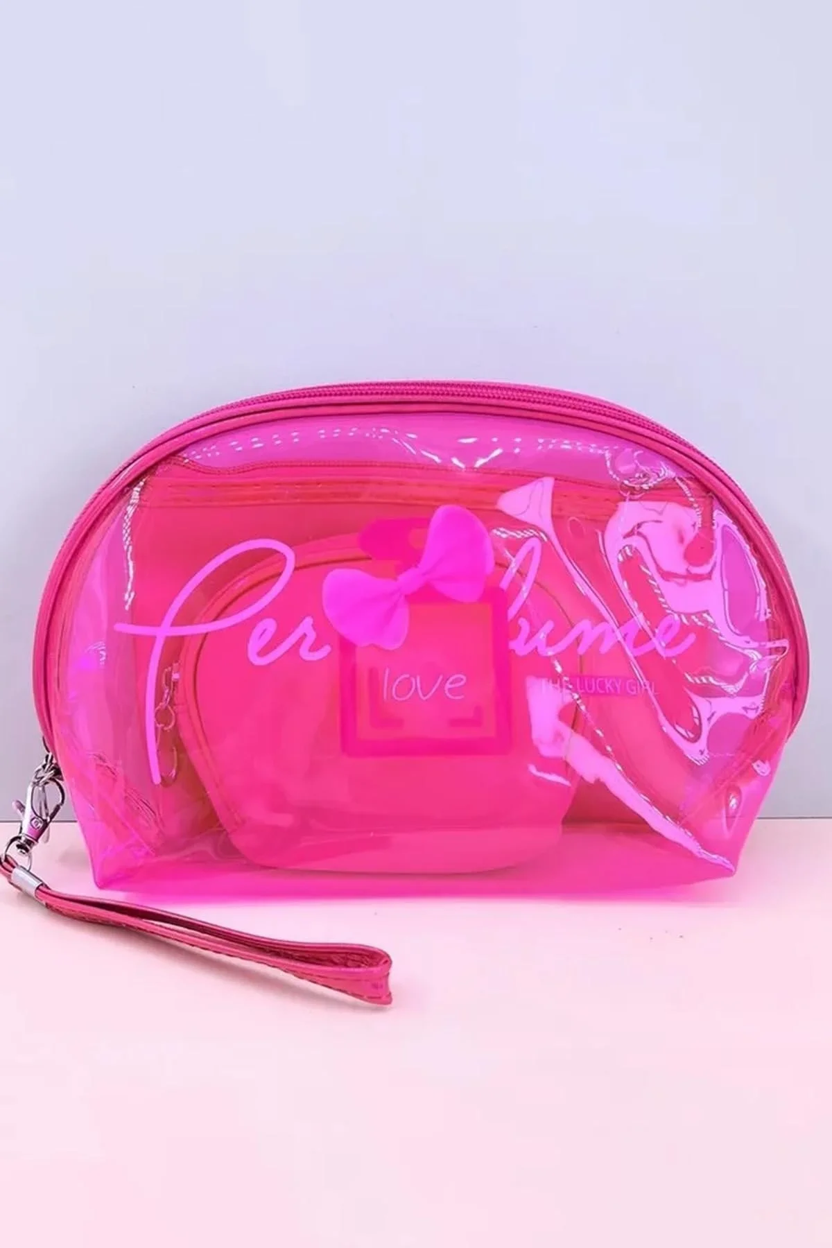 Pembe Renk 3lü Şeffaf Makyaj Çantası