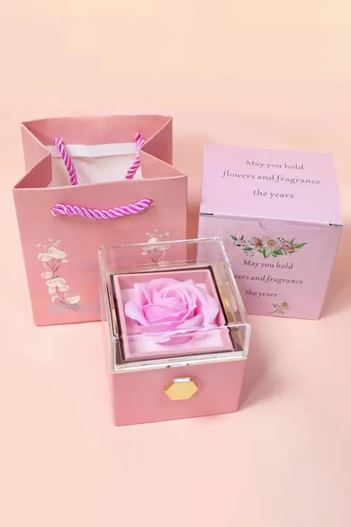 Pembe Renk Gül Figürlü Karton Çanta Hediyeli Hediye Kutusu