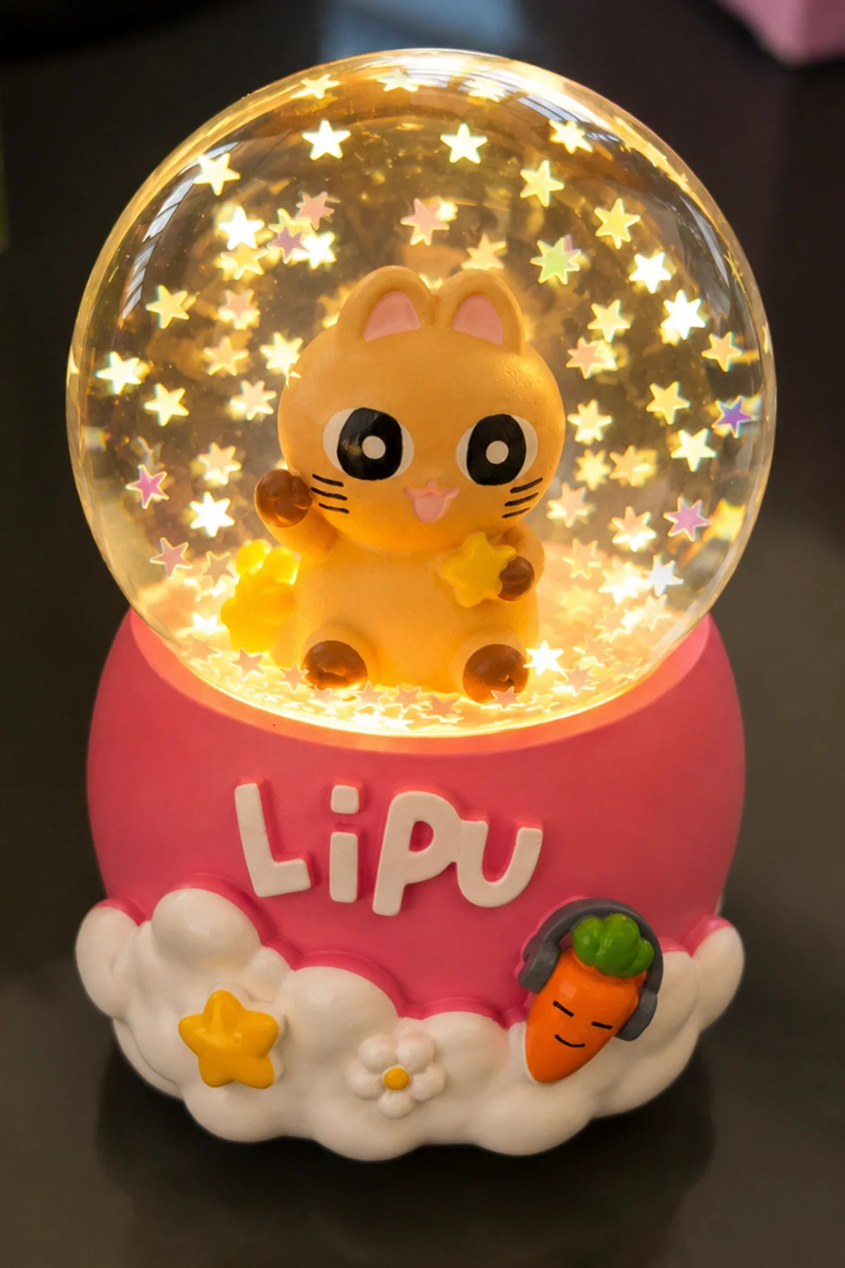 Pembe Renk Kedi Figürlü Işıklı Mini Kar Küresi