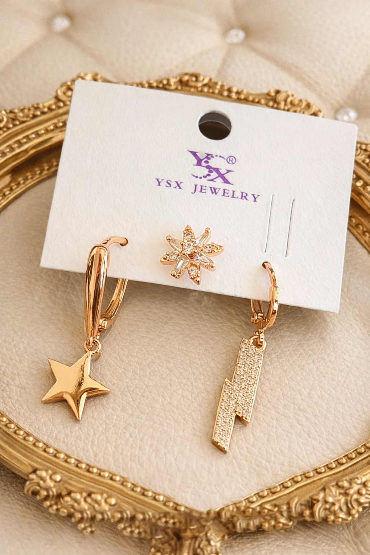 Rose Gold Renk Taş Detaylı 3lü Ysx Küpe Set