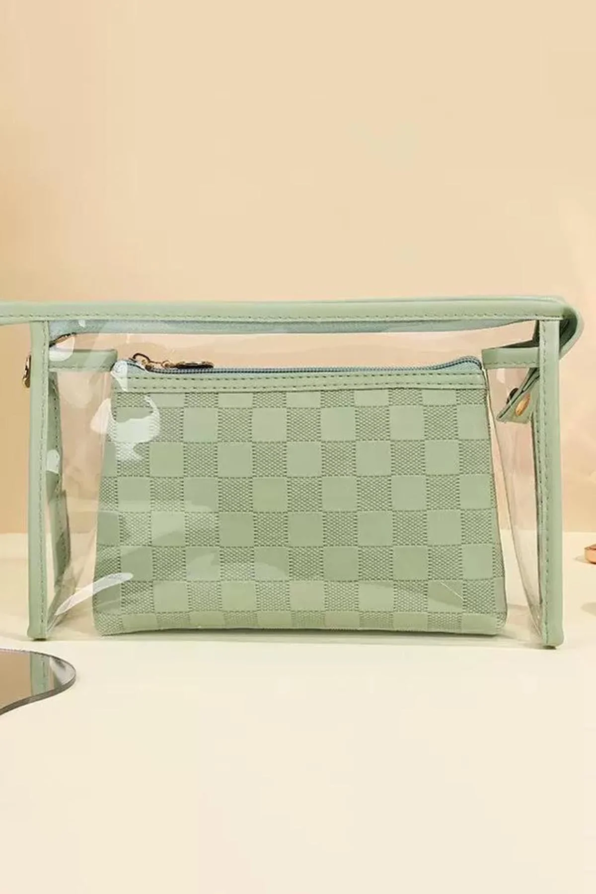 Yeşil Renk 2li Şeffaf Makyaj Çantası