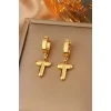 Altın Renk T Harf Çelik Küpe (Çift)