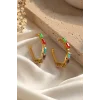 Altın Renk Taş Detaylı Çelik Halka Küpe (Çift)