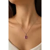 Gümüş Renk Pembe Taş Detaylı Çelik Kolye