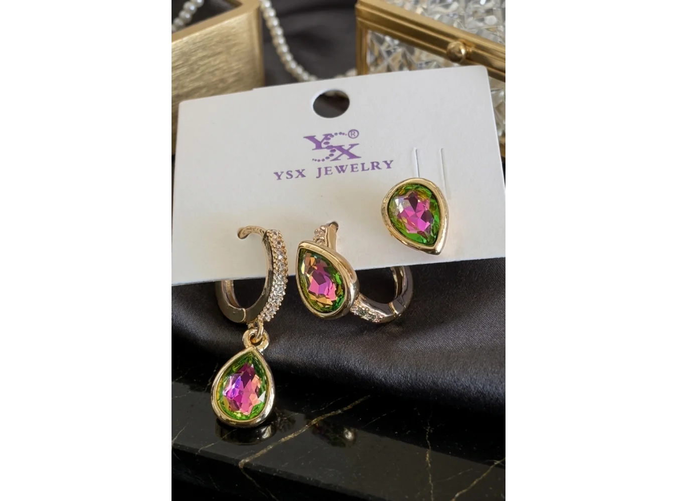 Altın Renk Taş Detaylı 3lü Ysx Küpe Set