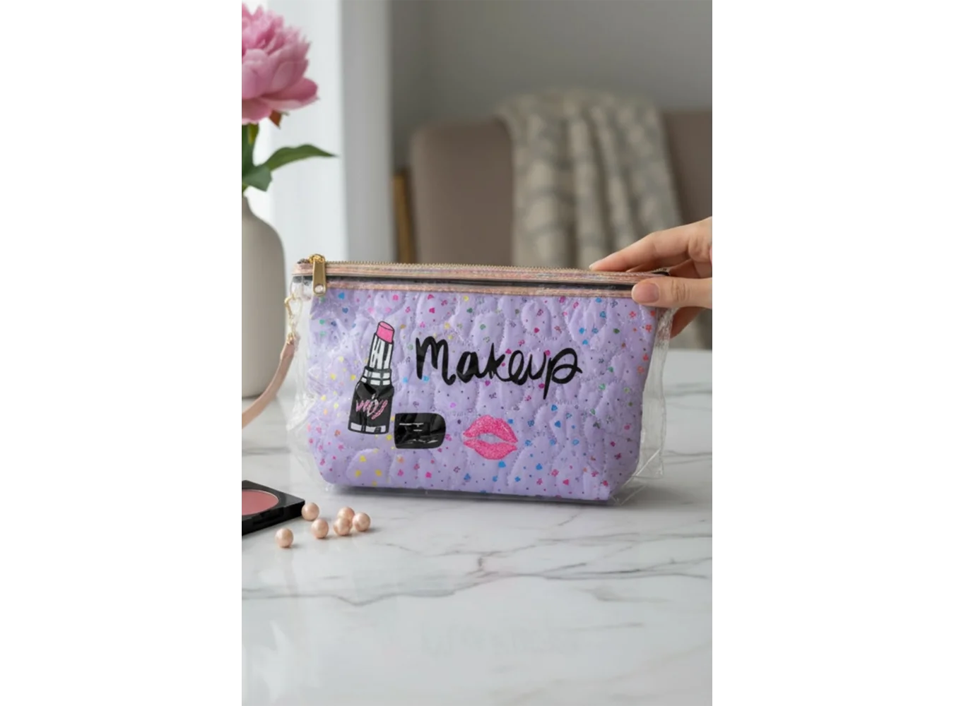 Mor Renk Makeup Yazılı Makyaj Çantası