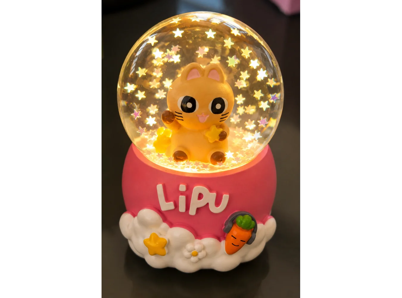 Pembe Renk Kedi Figürlü Işıklı Mini Kar Küresi