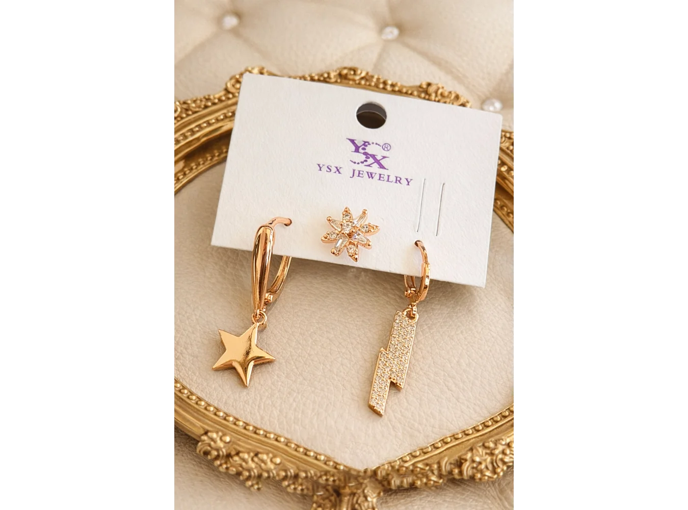 Rose Gold Renk Taş Detaylı 3lü Ysx Küpe Set