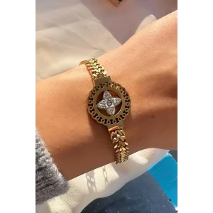Altın Renk Çiçek Figürlü Çelik Bileklik