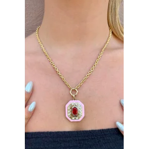 Altın Renk Pembe Mineli 14K Altın Kaplama Kolye
