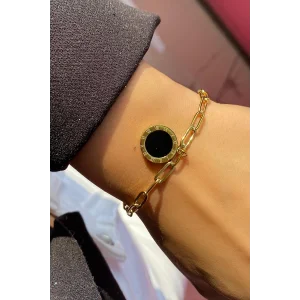 Altın Renk Siyah Taş Detaylı Çelik Bileklik
