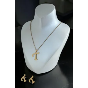 Altın Renk T Harfli Çelik Kolye Ve Küpe Set