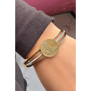 Altın Renk Tuğra Figürlü Çelik Kelepçe Bileklik